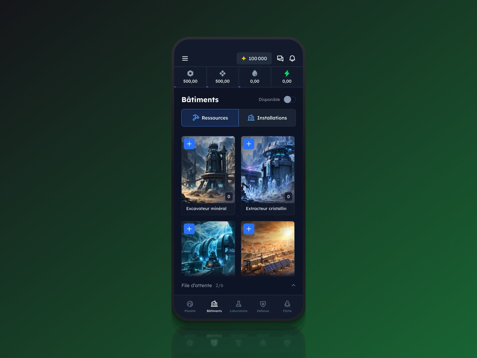 Interface mobile de Dynasty Nova avec écran des bâtiments et ressources