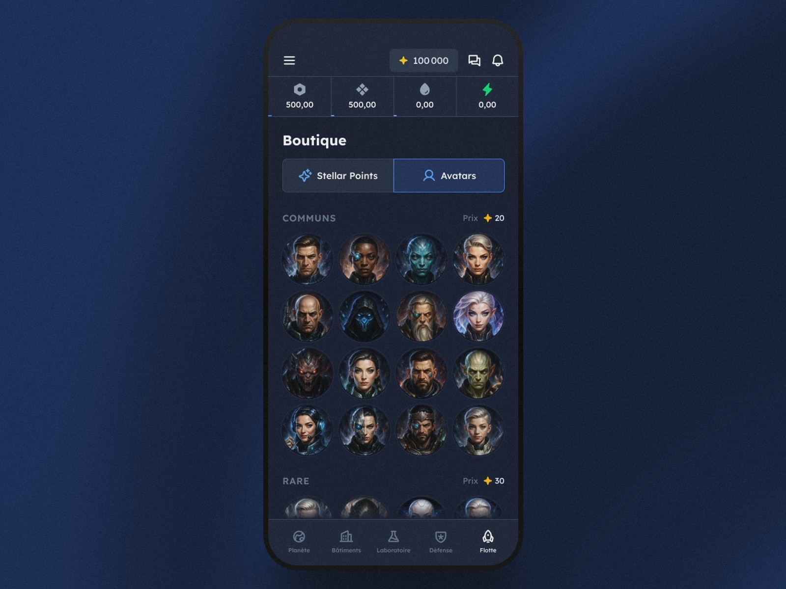 Sélection d'avatars personnalisables dans la boutique de Dynasty Nova