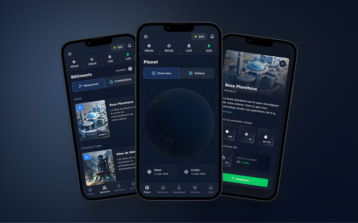 Interface de jeu spatial avec écrans de base planétaire et ressources