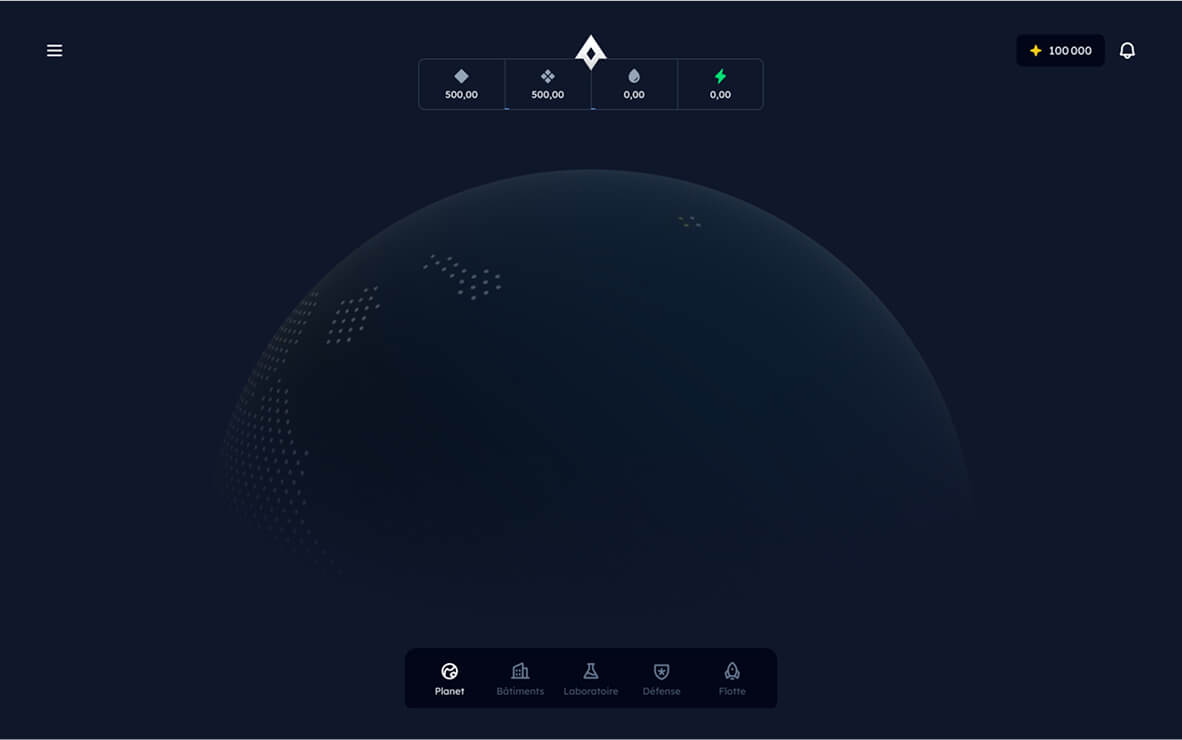 Interface de jeu sombre avec globe stylisé et options de menu