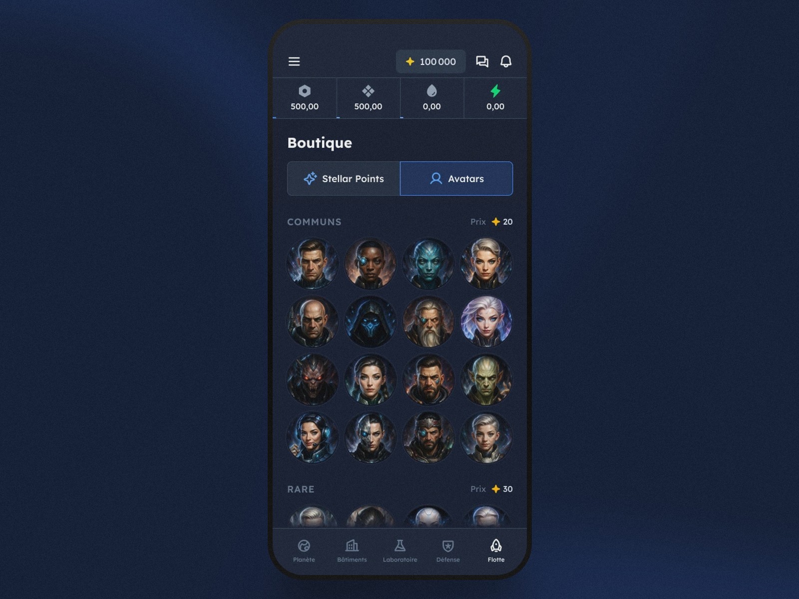 Boutique d'avatars personnalisables de Dynasty Nova avec système de rareté