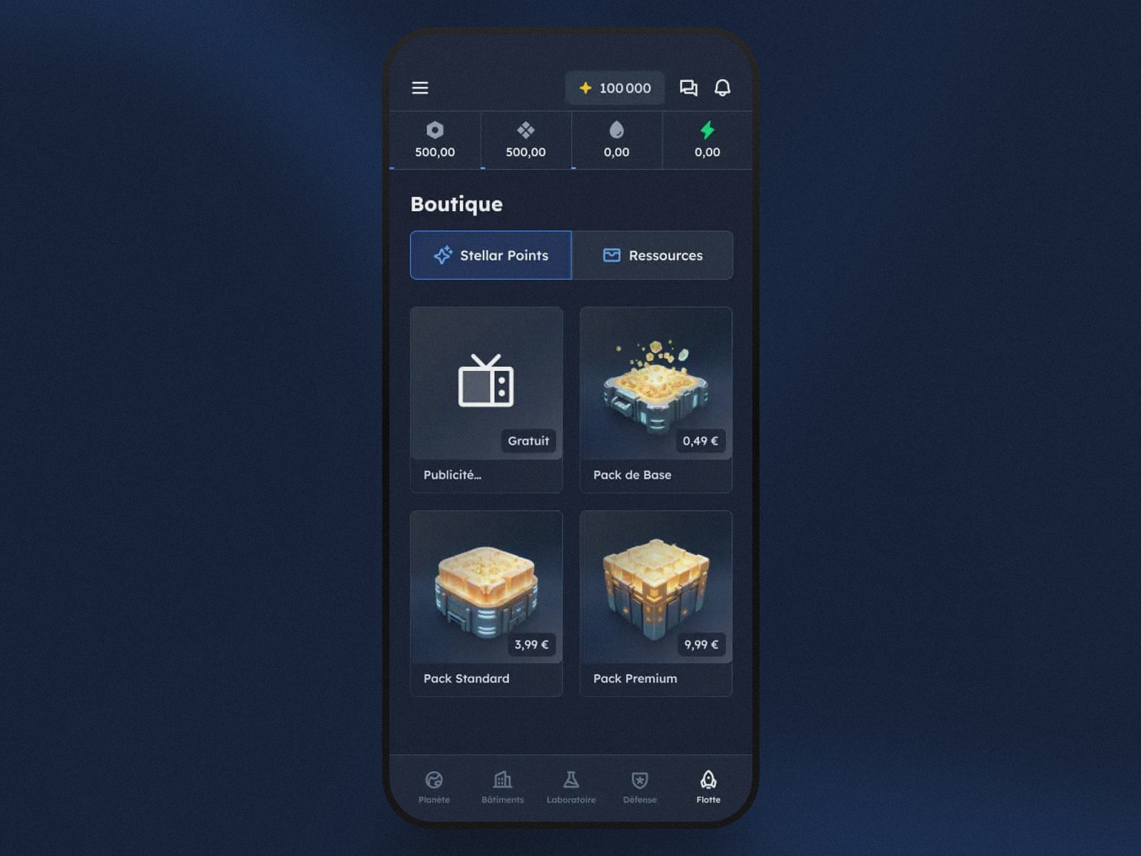 Boutique Stellar Points de Dynasty Nova avec option publicité gratuite et packs payants