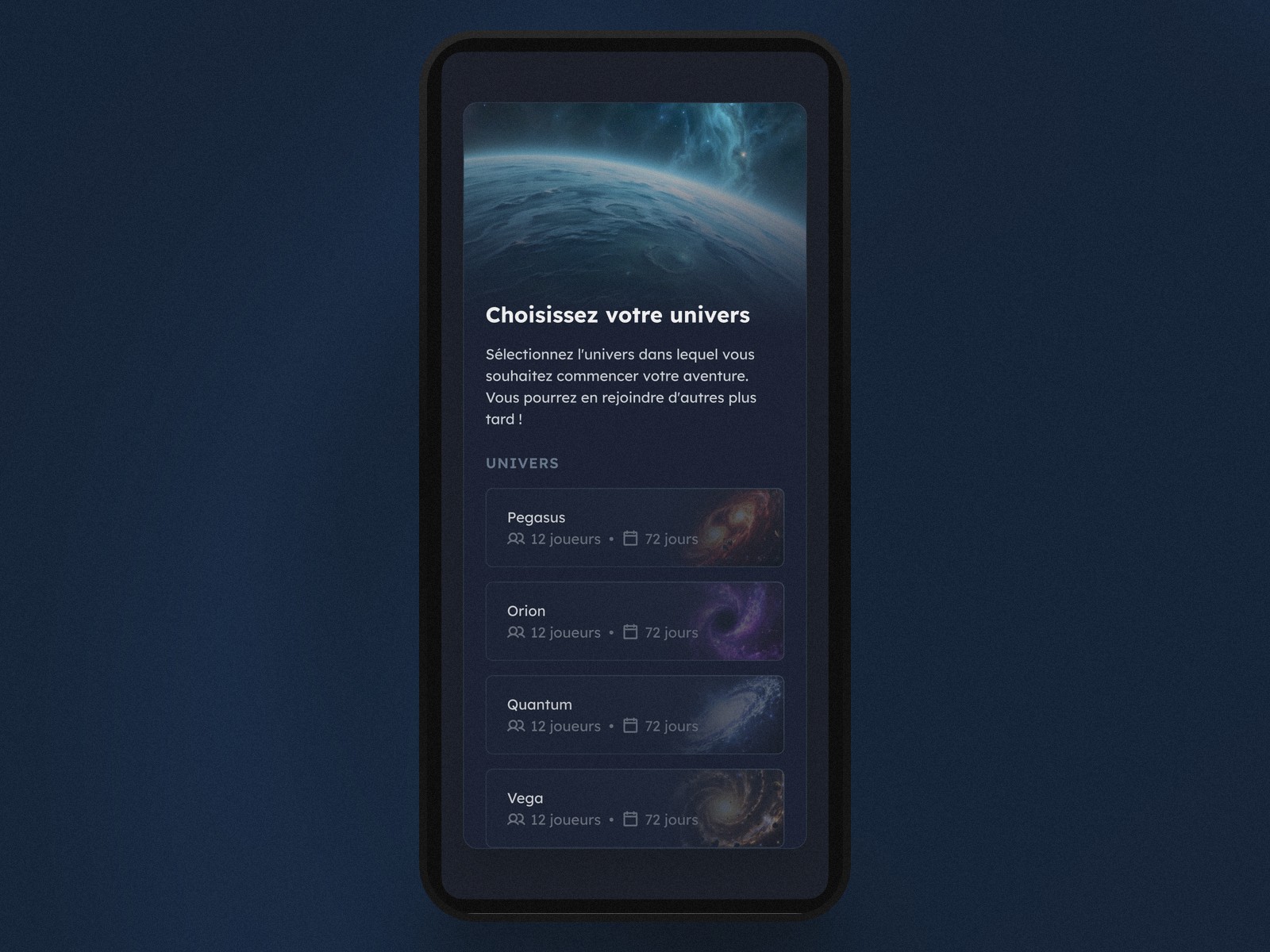Dynasty Nova's universe selection screen, listing four universes (Pegasus, Orion, Quantum, Vega) with their player count and match duration