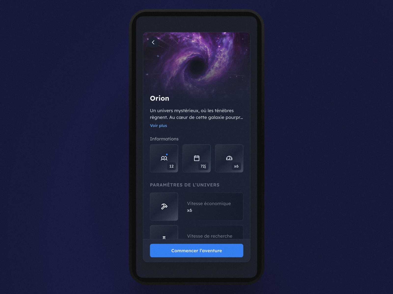Detailed sheet for the Orion universe in Dynasty Nova, showing information (12 players, 72 days, x6 speed) and economic and research speed settings