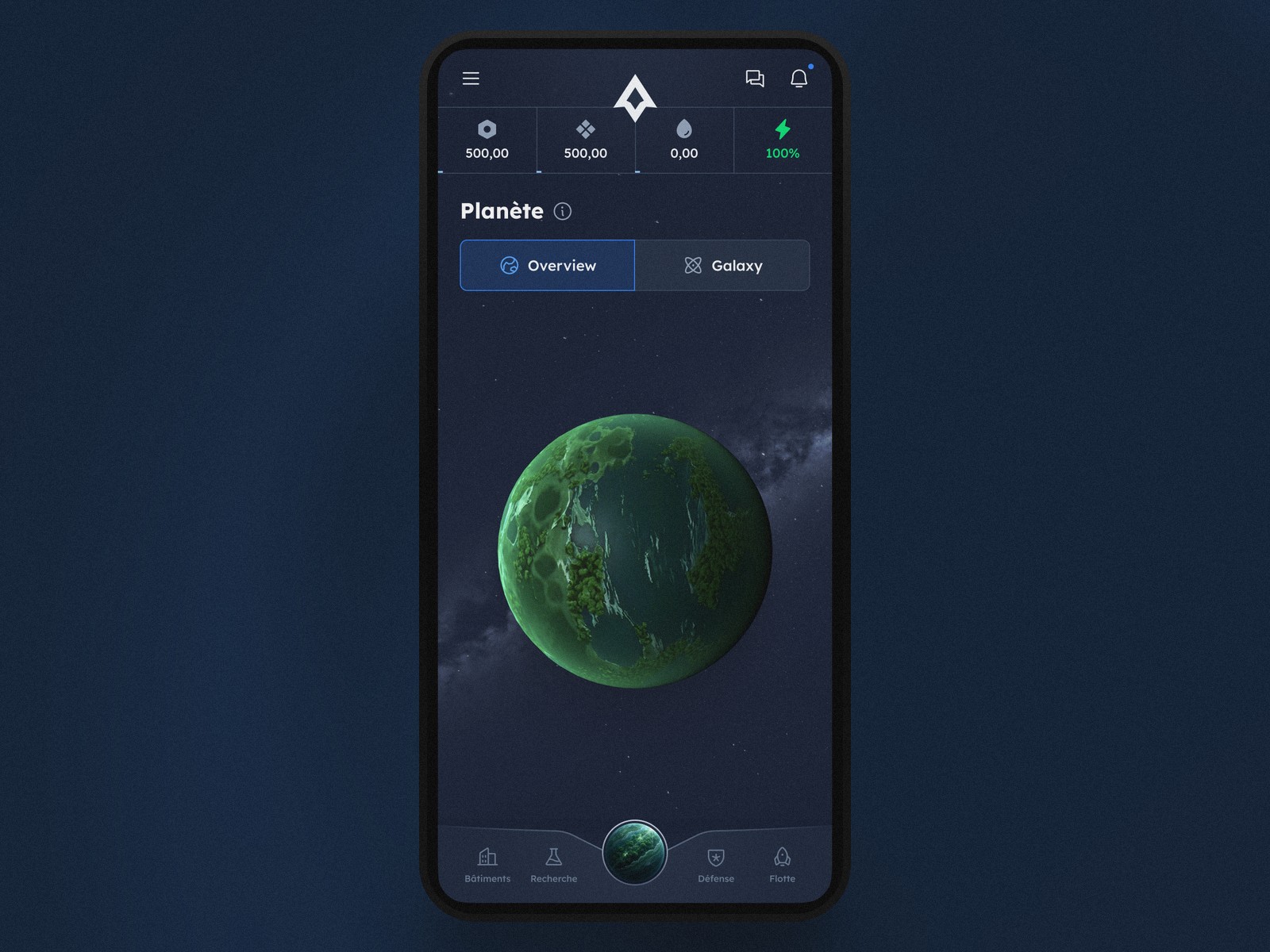 Overview of the first planet in Dynasty Nova, with resources at the top and Buildings, Research, Defense, Fleet navigation at the bottom