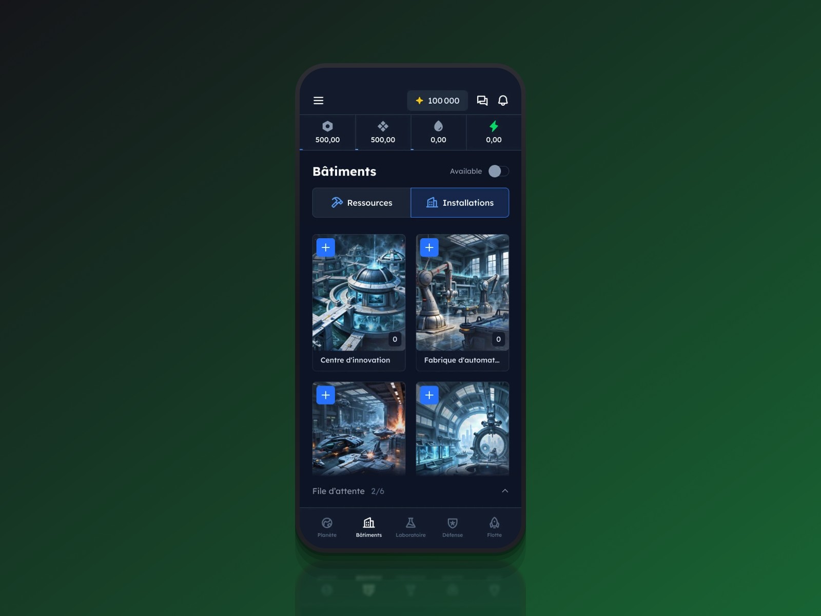 Écran des installations de Dynasty Nova avec centre d'innovation et fabrique d'automates
