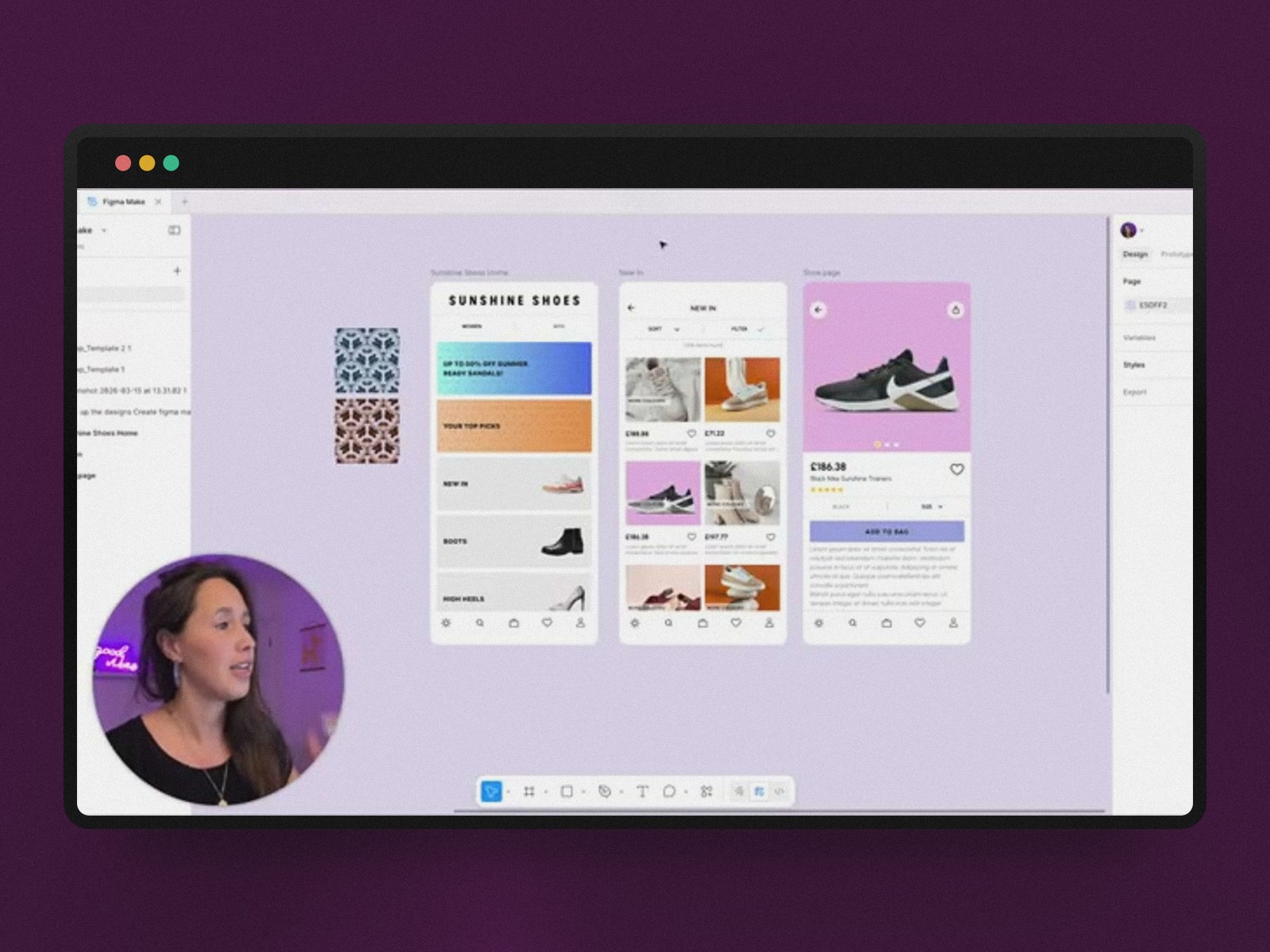 Interface Figma Make en mode Point and Edit, avec panneau de prompt et prévisualisation d'une application mobile