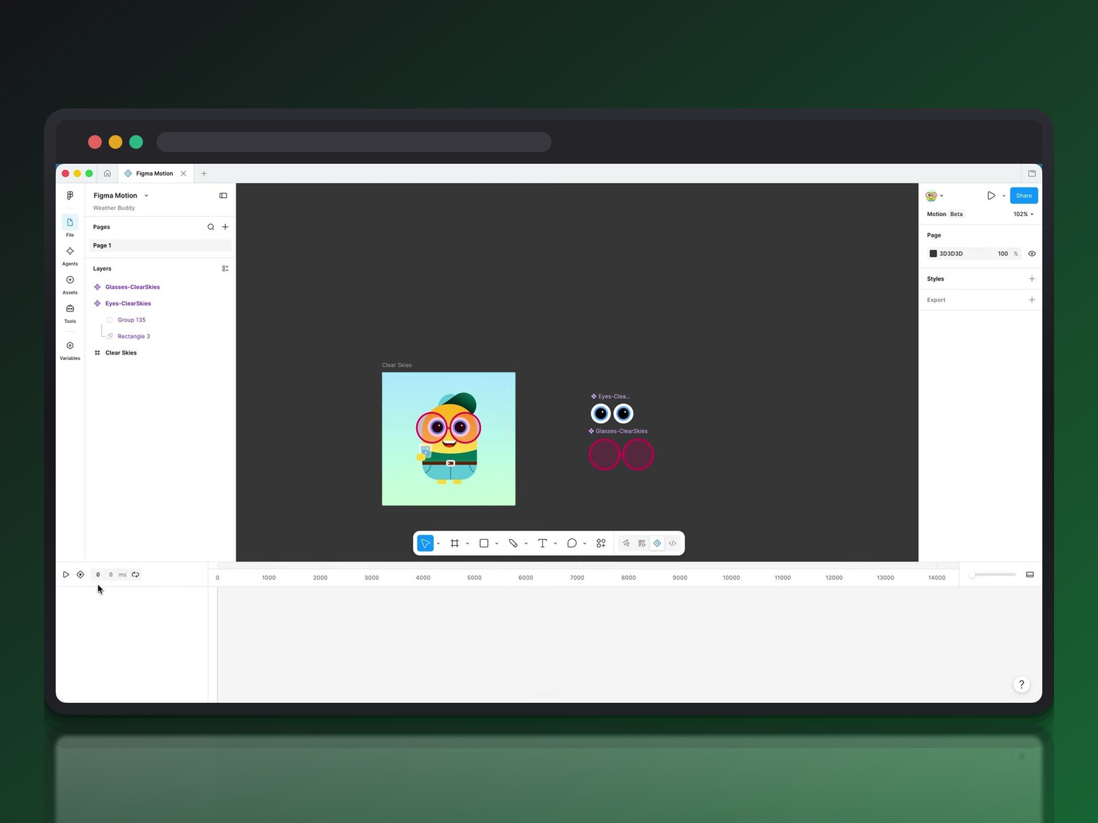 Personnage Weather Buddy animé dans Figma Motion, panneau Motion Beta visible