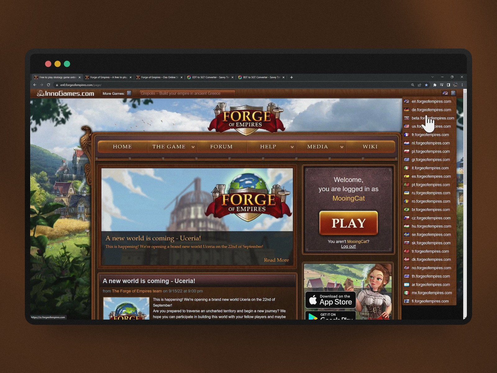 Forge of Empires server selection menu, listing each regional code (EN, DE, Beta, US…) without explaining the time zones behind them