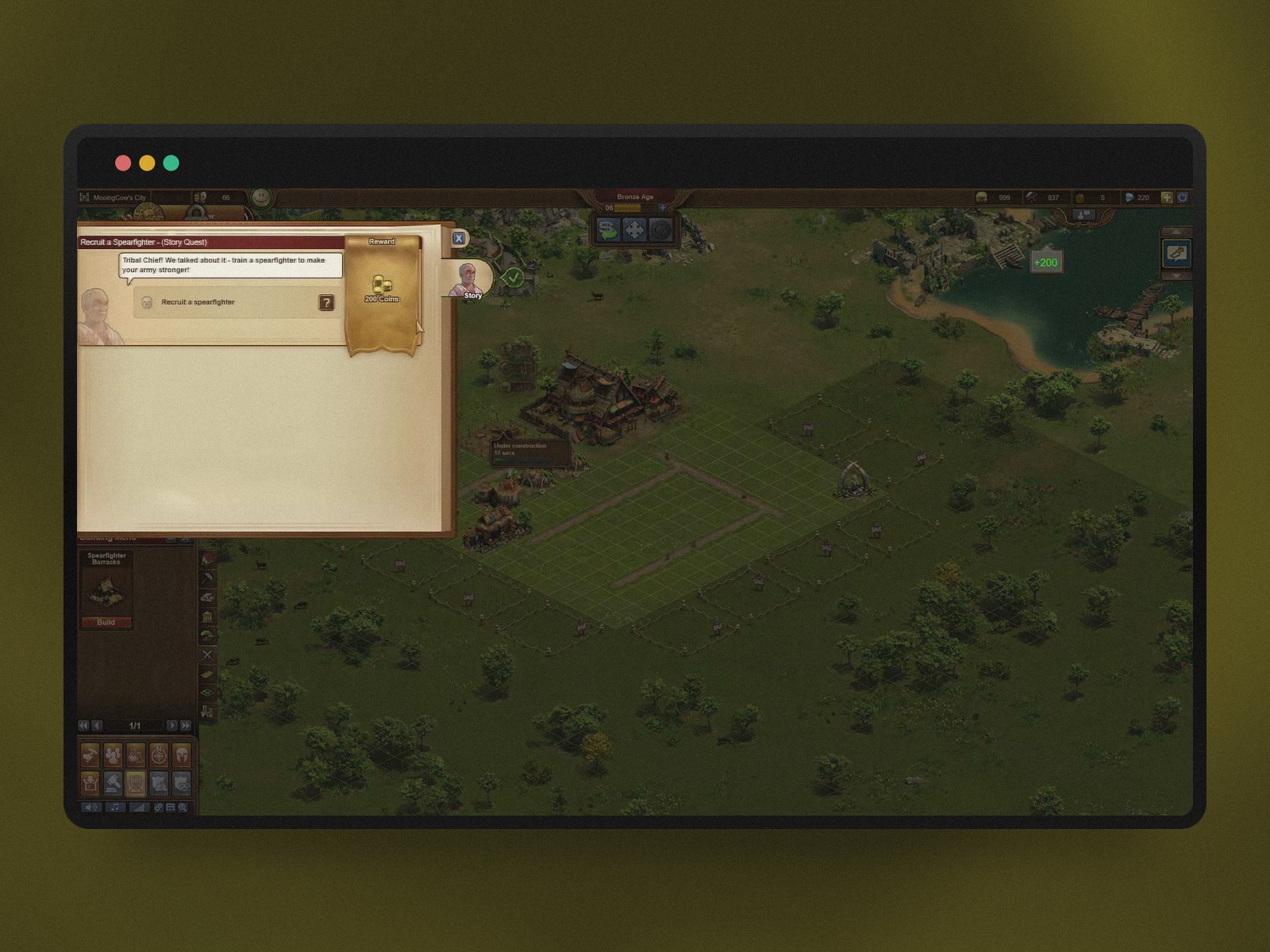 Starting city in Forge of Empires with a spear fighter recruitment quest and the build menu open
