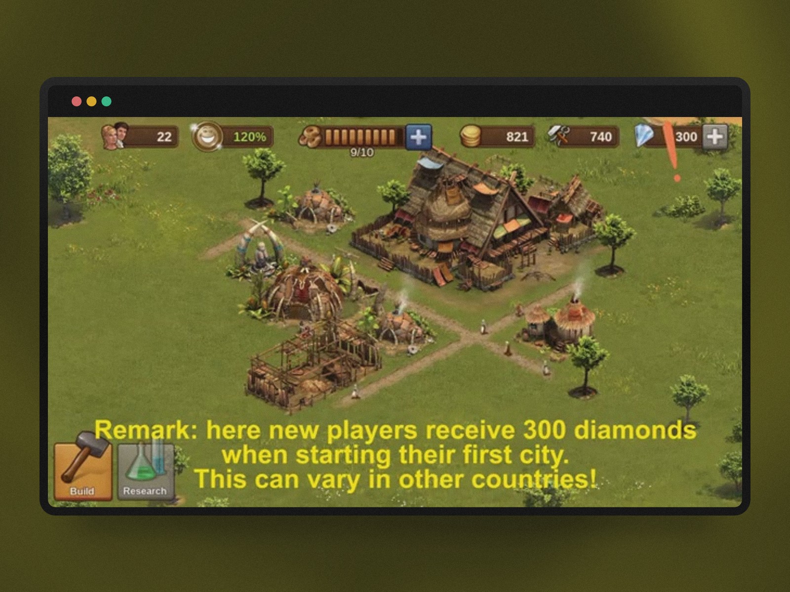 Forge of Empires interface showing that new players receive 300 diamonds when starting their first city