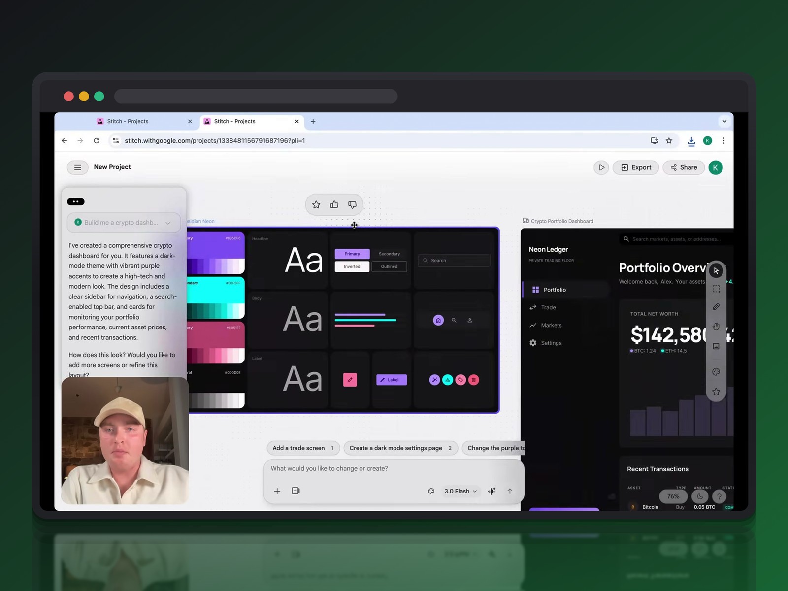 Google Stitch génère un design system complet (couleurs, typographie, composants) avant l'écran final