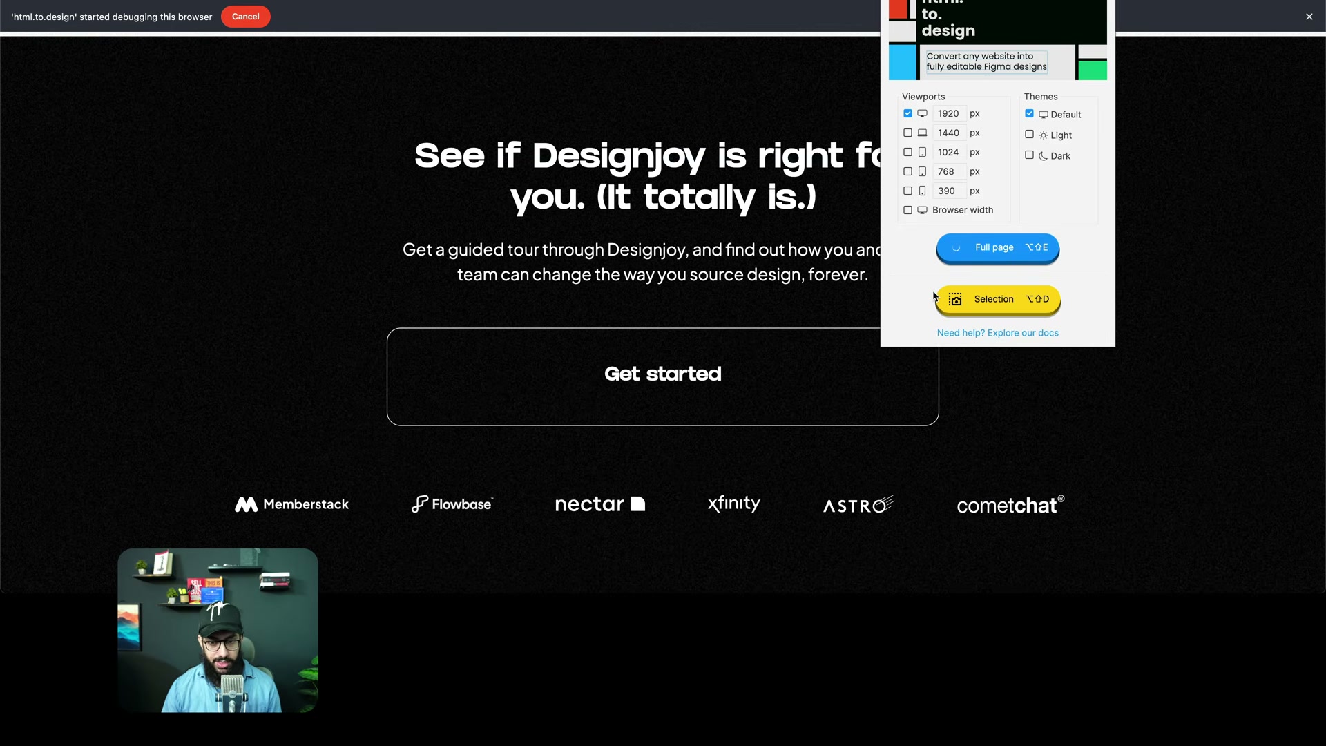 Panneau de réglages du plugin html.to.design : choix des viewports (1920 à 390px) et du thème avant import