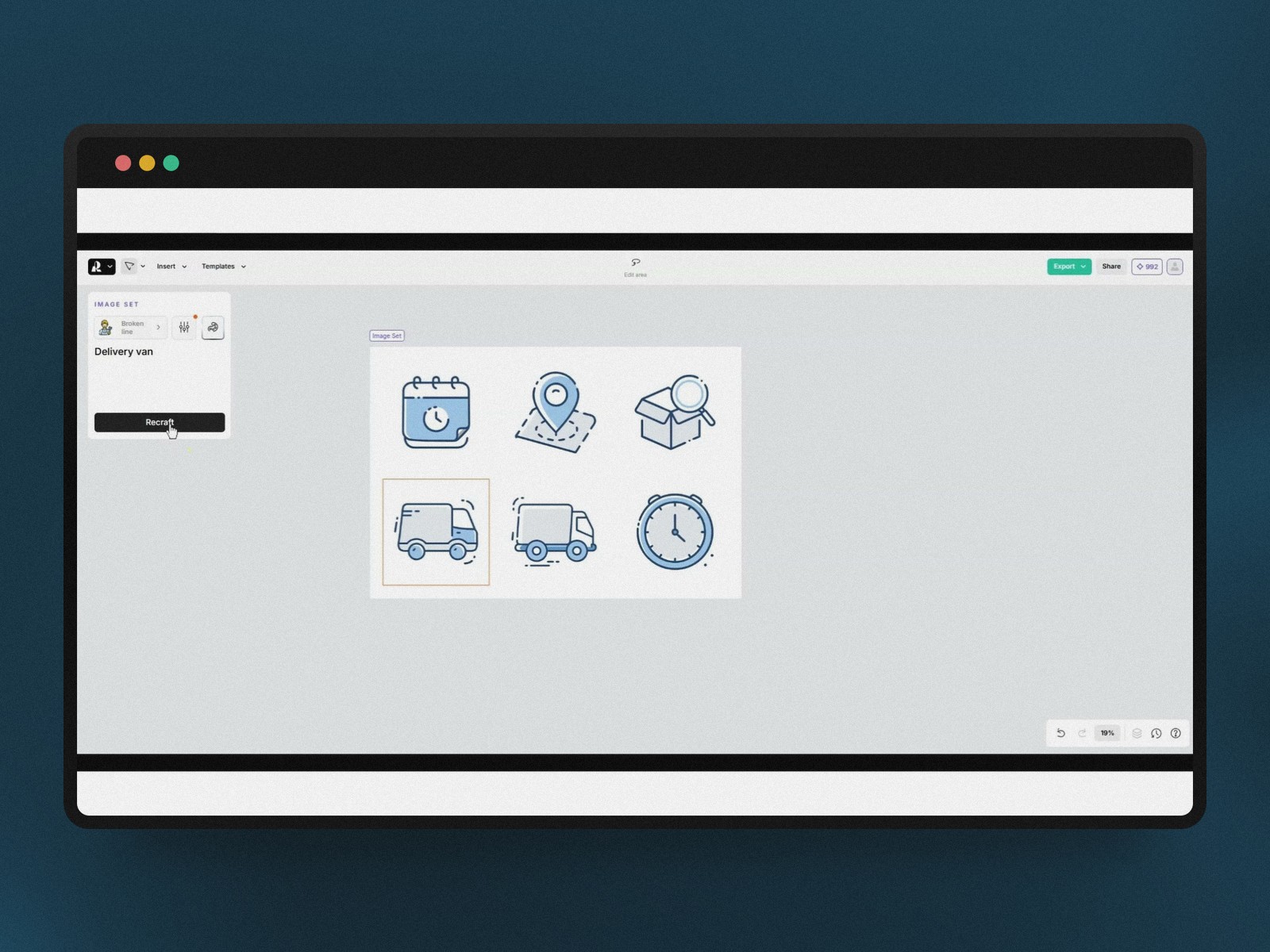A set of icons generated with a consistent style and palette in Recraft AI