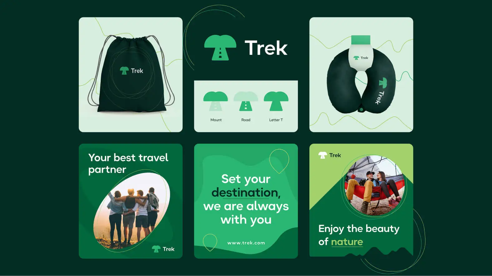 a group of green and white posters