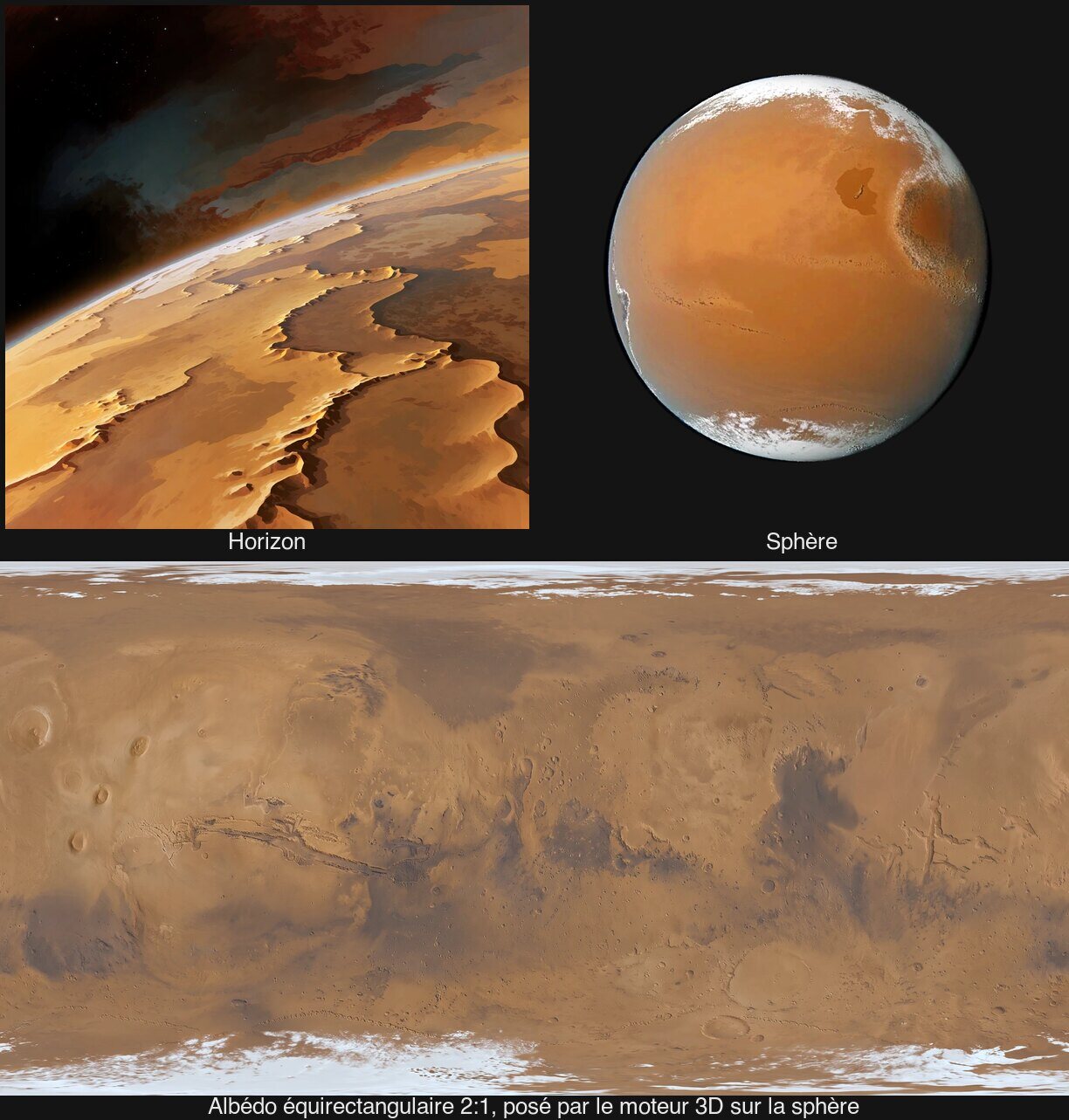 Horizon, sphère et albédo équirectangulaire d'une variante de planète désertique de Dynasty Nova