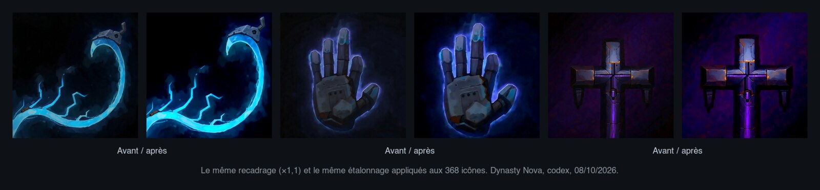 Trois icônes de talents de Dynasty Nova avant et après le recadrage et l'étalonnage communs