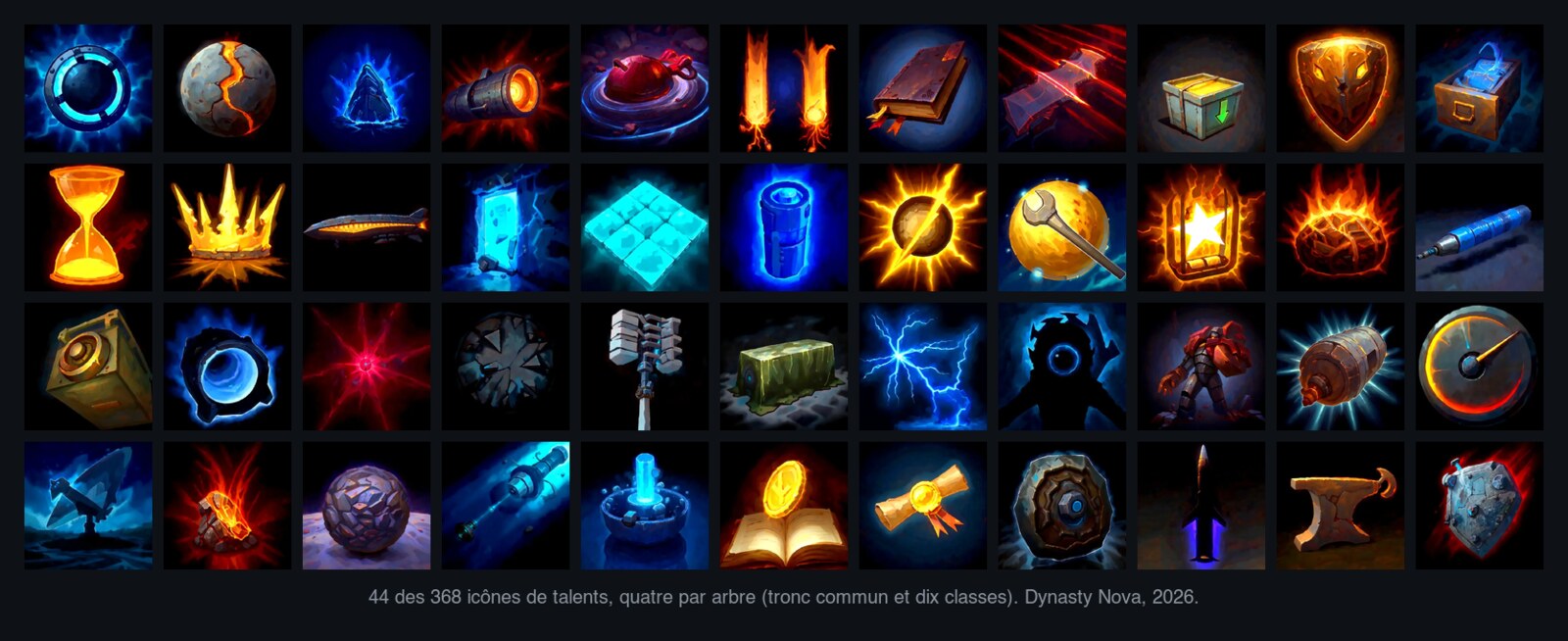 Grille de 44 icônes de talents de Dynasty Nova, quatre par arbre, montrant la cohérence de la série