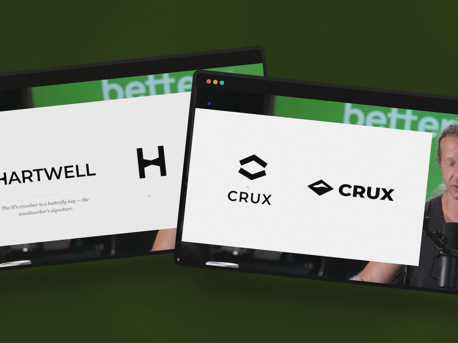 Deux logos générés par l'IA Fable 5 : Hartwell (clé papillon dans le H) et Crux (pic et vallée)
